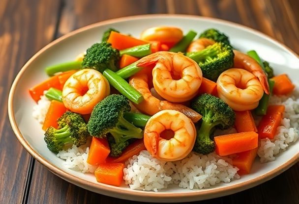 Gemengde groente met garnalen en knoflook