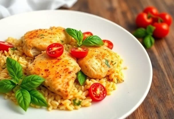 Kip met orzo en tomaat