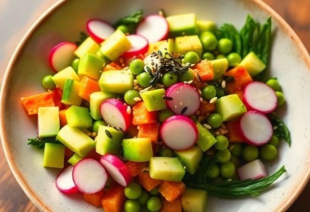 Knapperige Vegan Poké Bowl met Romige Avocado en Sesamdressing in 20 Minuten
