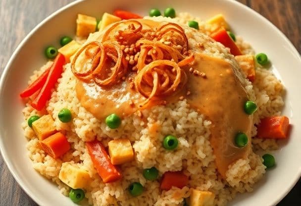 Nasi Goreng met Pindasaus en Gemengde Groenten