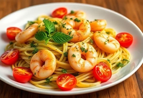 Pasta Pesto met Garnalen en Cherrytomaten