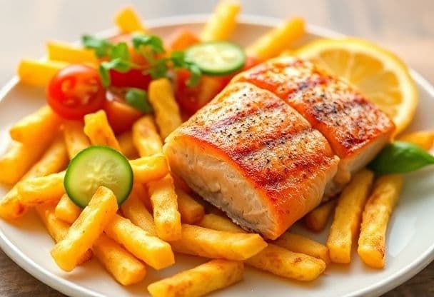 Patat Friet met Gegrilde Zalm