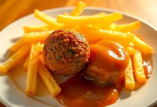 Patat Friet met Gehaktbal en Appelmoes