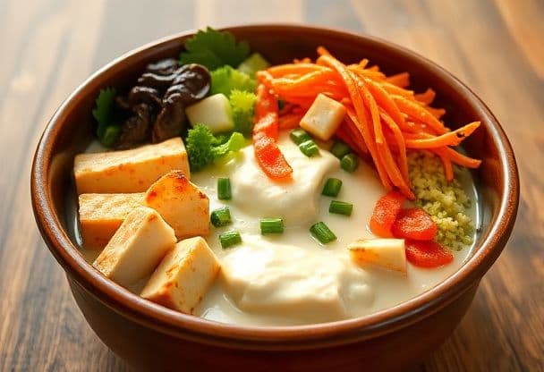 Romige Bibimbap met Pittige Kimchi en Knapperige Tofu in 25 Minuten