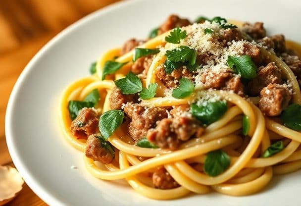 Romige Gehakt Pasta met Spinazie en Verse Kruiden
