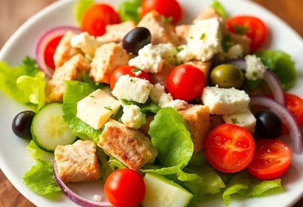 Romige Griekse Salade met Knapperige Gerookte Kip in 20 Minuten