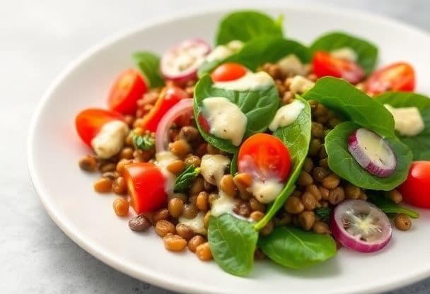 Romige Spinazie Linzensalade met Knapperige Groenten in 20 Minuten