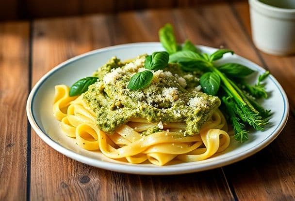 Romige Pasta met Verse Pesto en Zijdezachte Roomsaus in 20 Minuten