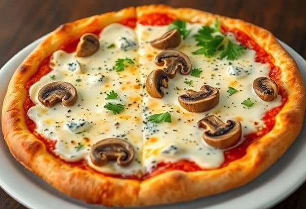 Romige Knapperige Pizza met Blauwe Kaas en Champignons in 20 Minuten
