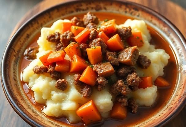 Aardappel-wortelstamppot met Gehakt