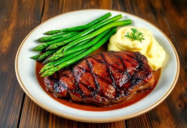 Snelle Biefstuk met Knapperige Groene Asperges en Romige Aardappelpuree