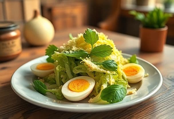 Snelle Romige Caesar Salade met Gekookt Ei in 10 Minuten