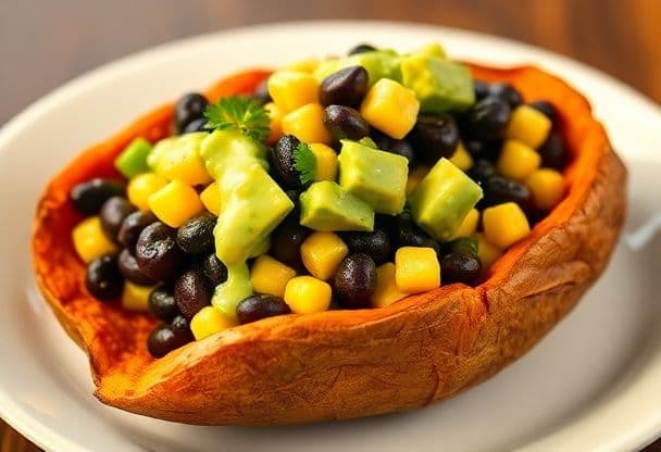 Snelle Gevulde Zoete Aardappel met Bonen en Avocado