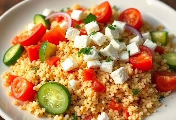 Snelle en Gezonde Griekse Couscous Salade met Verse Groenten en Feta in 20 Minuten
