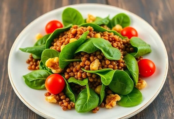 Snelle en Gezonde Linzen Spinazie Salade met Knapperige Noten in 20 Minuten