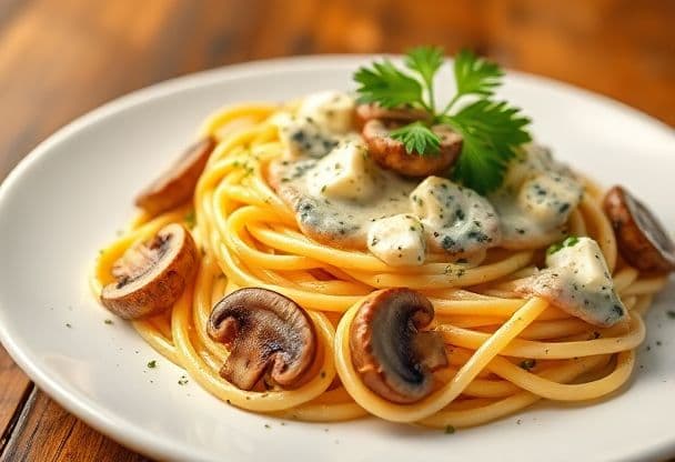 Romige Snelle Pasta met Blauwe Kaas en Champignons in 15 Minuten