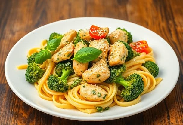 Snelle Pasta met Broccoli en Kip en Pesto