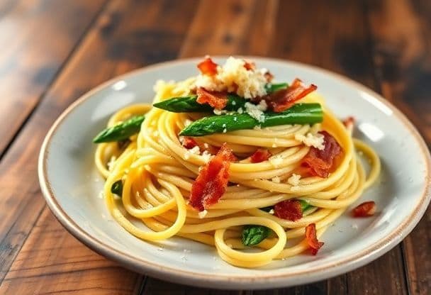 Snelle Pasta met Groene Asperges en Spek
