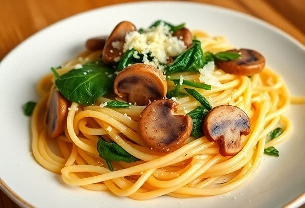 Snelle Pasta met Paddenstoelen en Spinazie