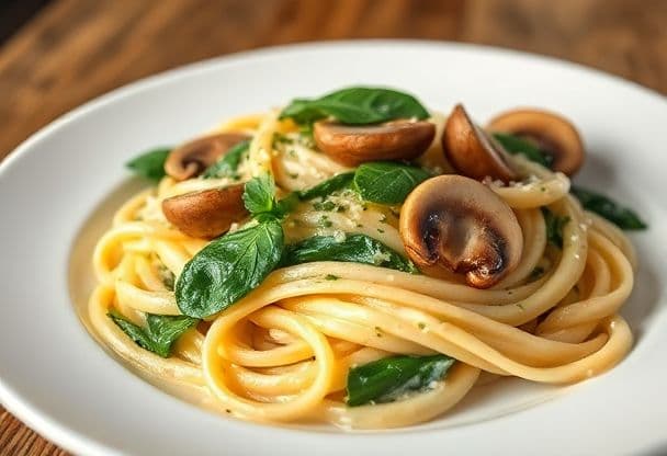 Snelle Pasta met Spinazie en Kastanjechampignons