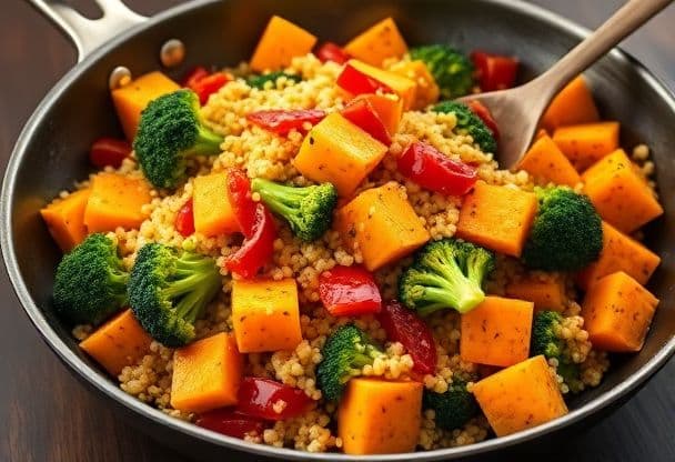 Snelle Quinoa, Zoete Aardappel & Broccoli Roerbak in 15 Minuten