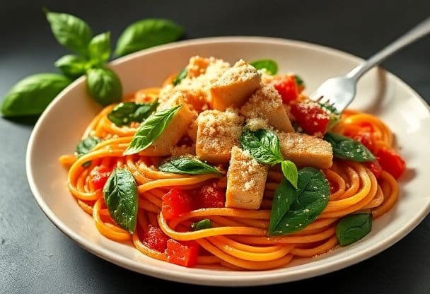 Snelle Tomatenpasta met Spinazie en Kip