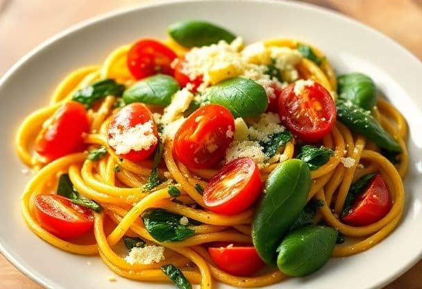 Snelle Vegetarische Pasta met Tomaat en Spinazie
