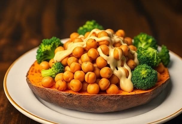 Snelle Zoete Aardappel Bowl met Kikkererwten en Broccoli