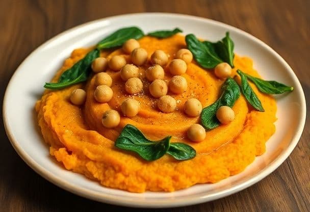 Snelle Zoete Aardappelstamppot met Spinazie en Kikkererwten