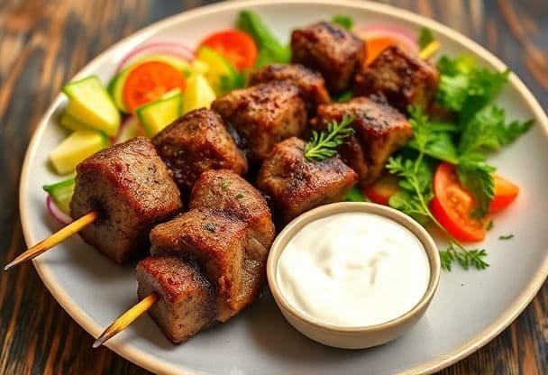 Lamsvlees Souvlaki met Tzatziki en Salade
