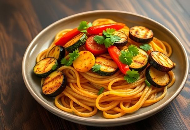 Vegan Gochujang Pasta met Gegrilde Groente