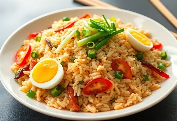Vegetarische rijstschotel met groente en ei