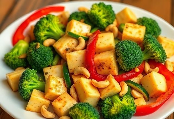 Vegetarische wok met tofu en cashewnoten