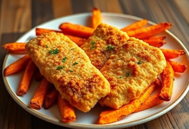 Vissticks met Zoete Aardappel Friet
