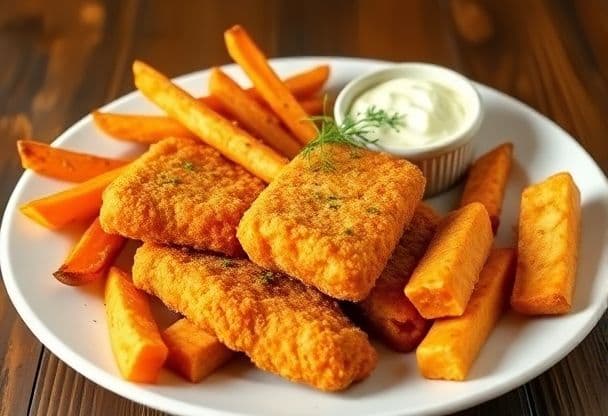 Vissticks met Zoete Aardappel Friet
