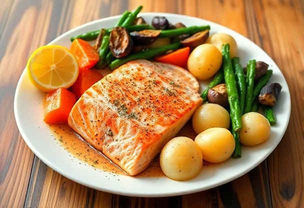 Zalm met groenten en aardappelen