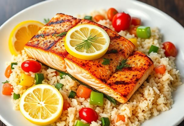 Zalm met groenten en rijst