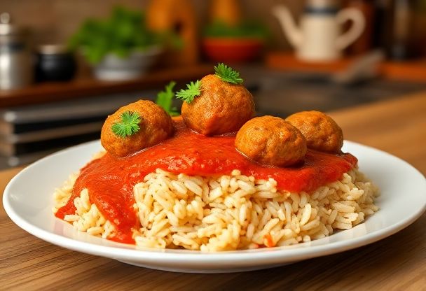 Authentieke Rijst met Gehaktballetjes in Kruidige Tomatensaus