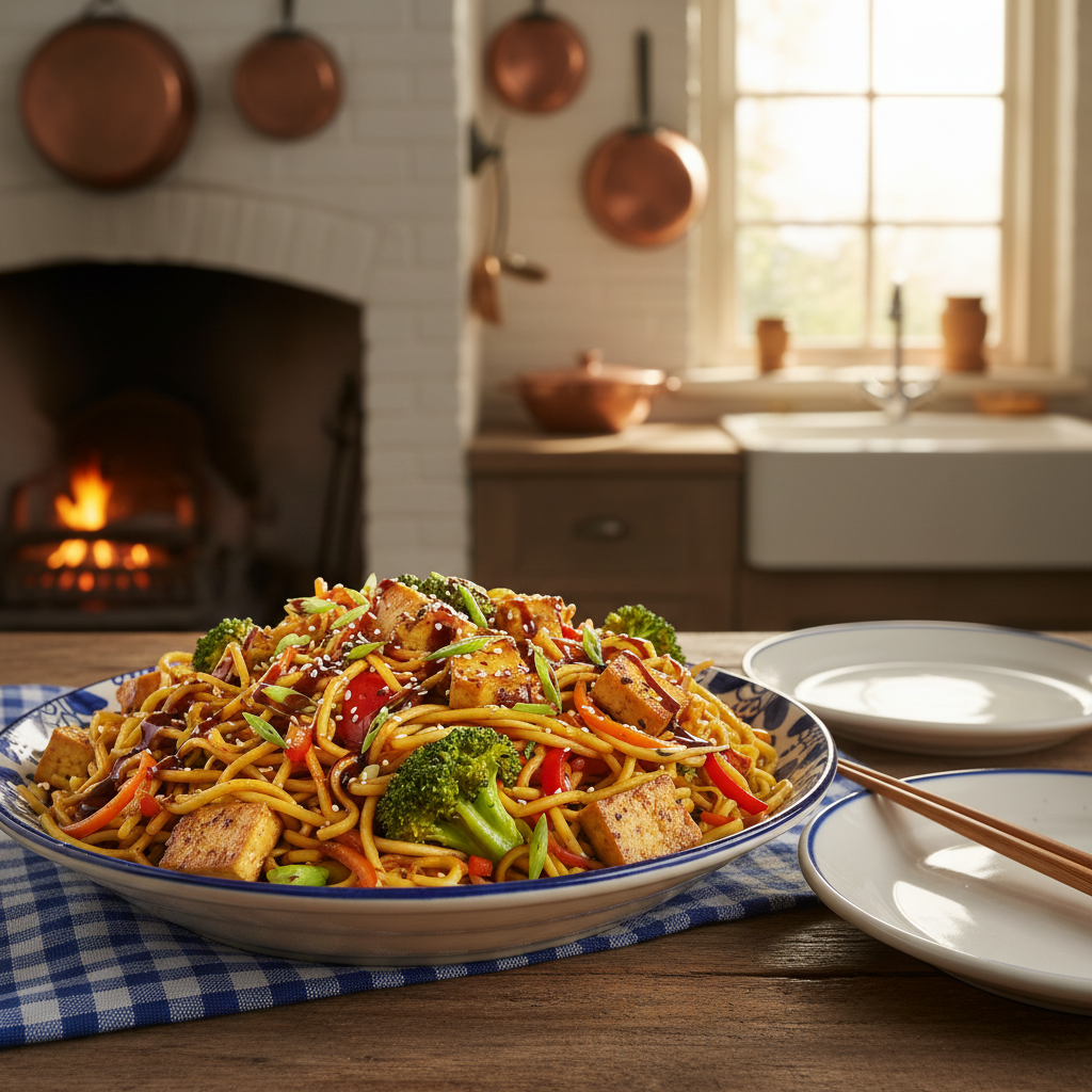 Verse Bami met Gemarineerde Tofu en Kruidige Saus