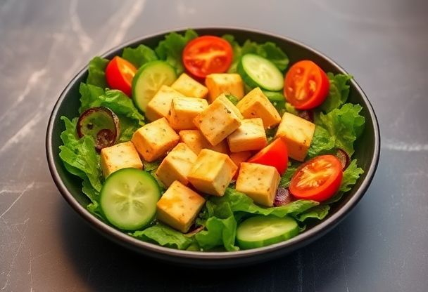 Kruidige Tofu Salade met Knapperige Komkommer en Tomaat