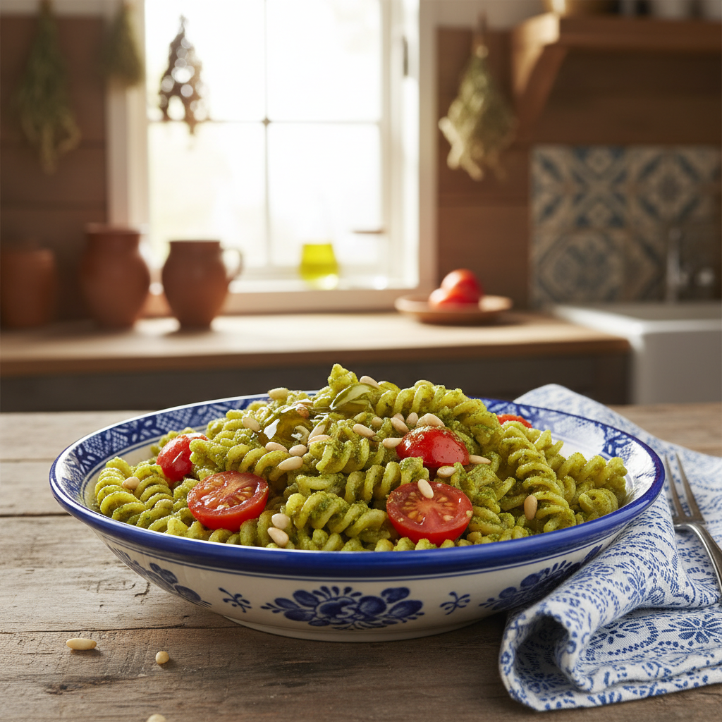 Snelle Fusilli met Pesto en Knapperige Pijnboompitten