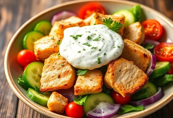 Gezonde Griekse Kipsalade met Tzatziki in 20 Minuten