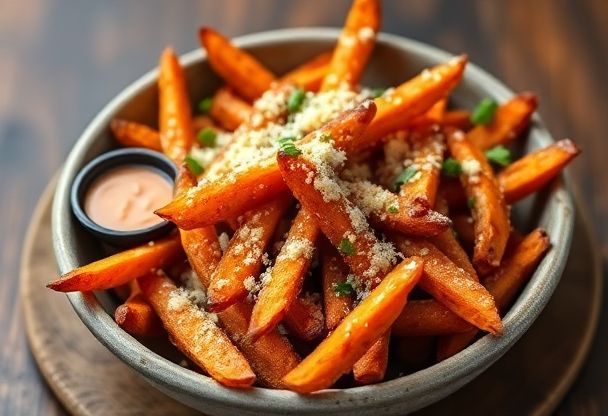 Knapperige Zoete Aardappel Friet met Parmezaanse Kaas uit de Airfryer