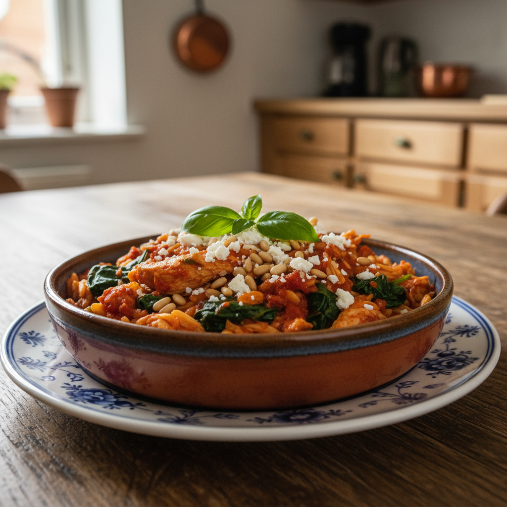 Mediterrane Kip met Orzo en Spinazie