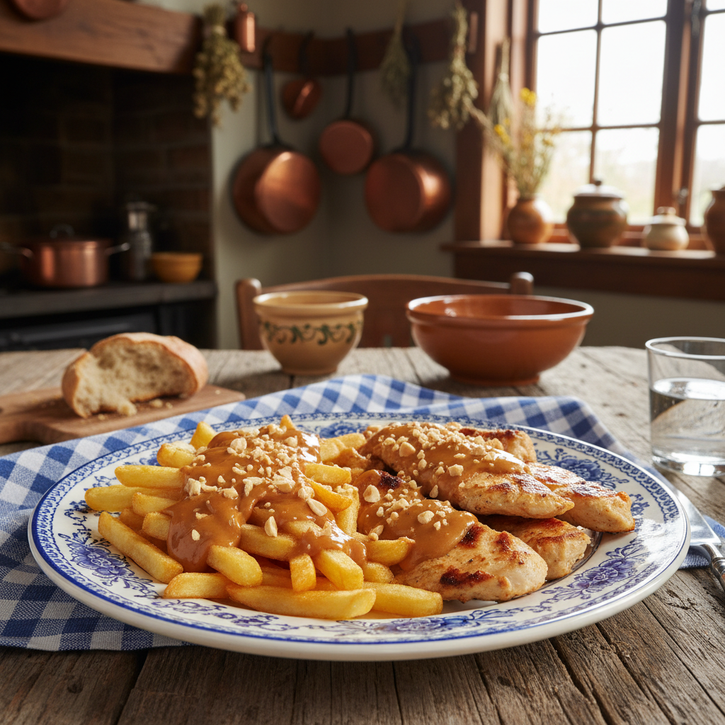 Patat Friet met Pindasaus en Kipfilet