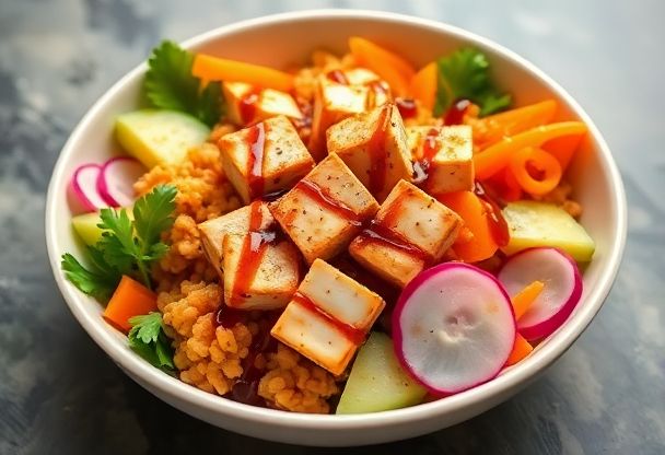 Romige Vegan Poké Bowl met Tofu en Soja Saus