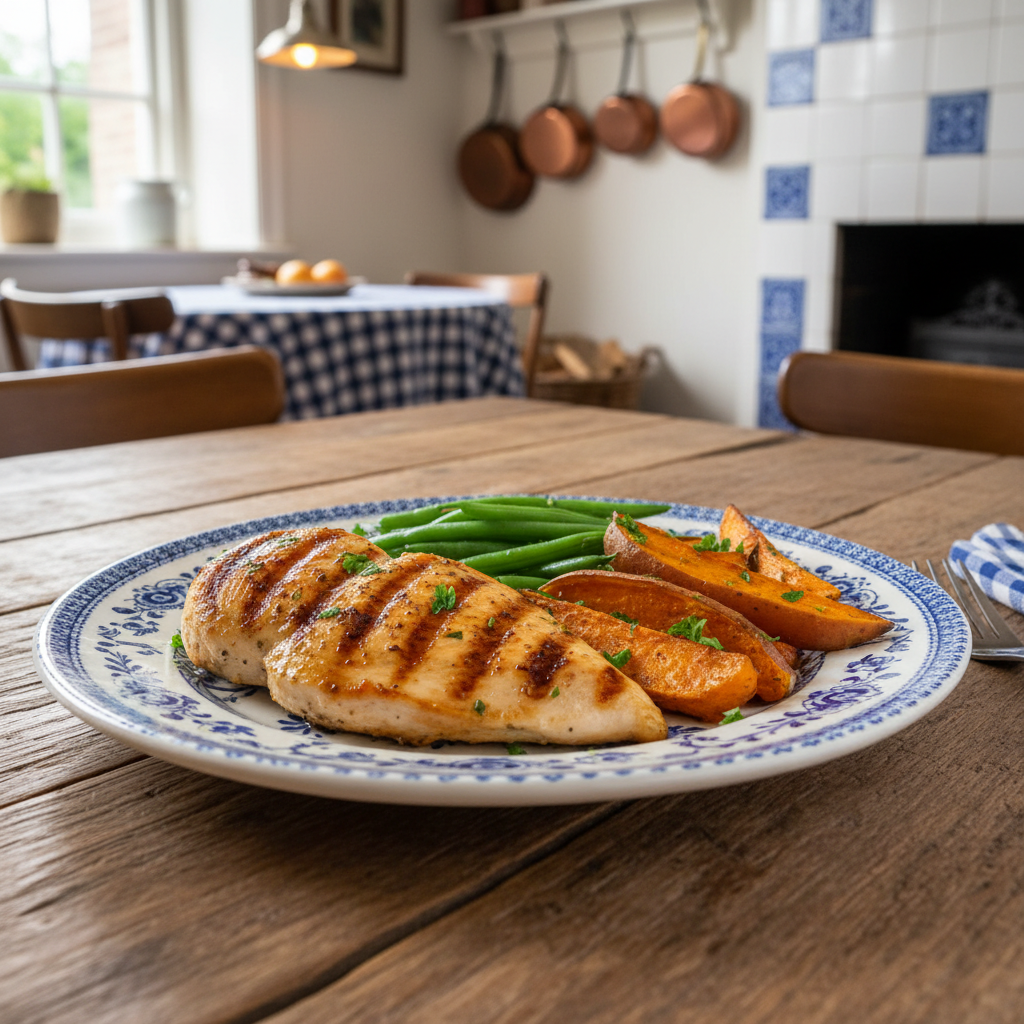 Snelle Gegrilde Kip met Zoete Aardappel en Sperziebonen