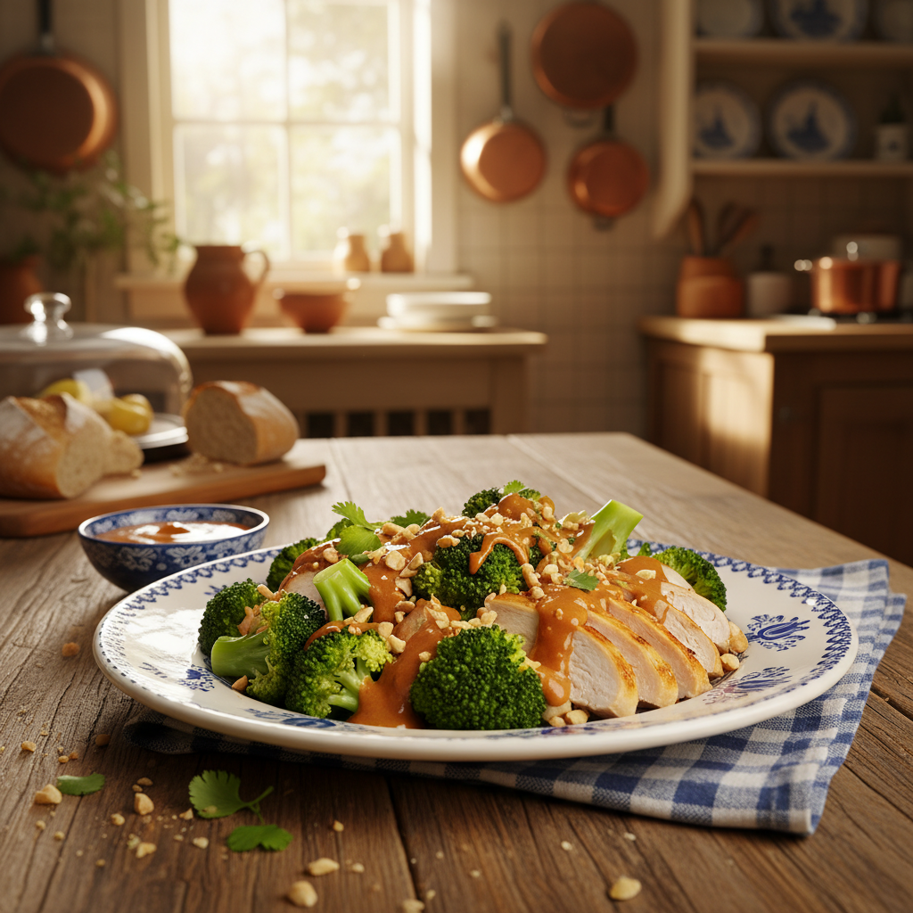 Snelle Gestoomde Broccoli met Kip en Pindasaus