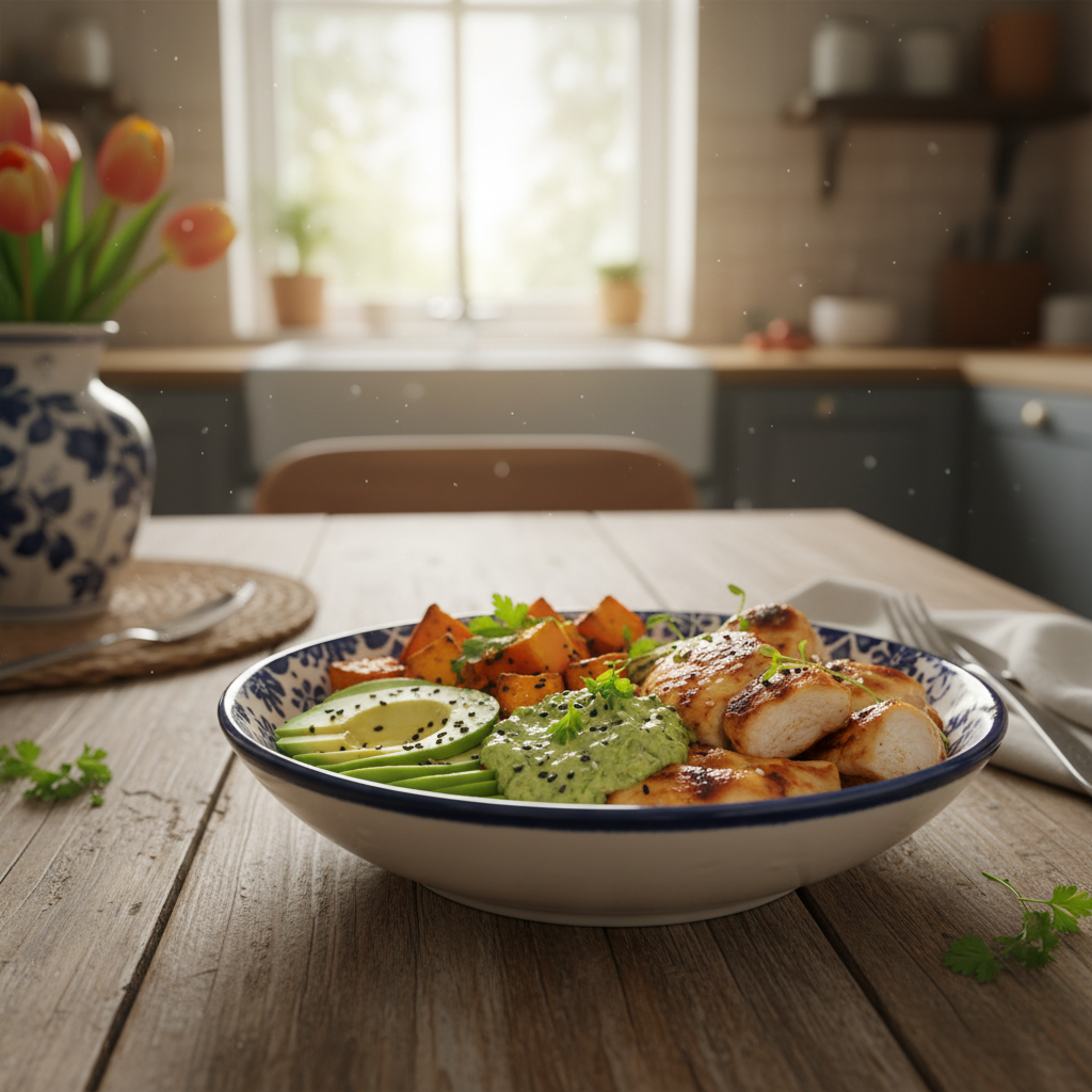 Snelle Kip en Zoete Aardappel Bowl