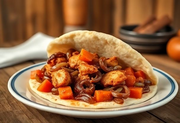Snelle Kruidige Kip met Uien en Wortelen in Pita